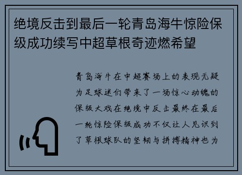 绝境反击到最后一轮青岛海牛惊险保级成功续写中超草根奇迹燃希望