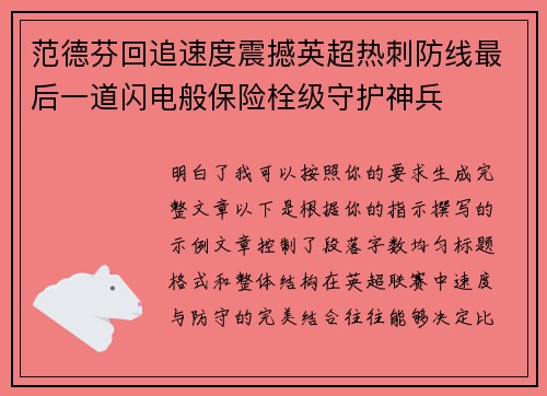 范德芬回追速度震撼英超热刺防线最后一道闪电般保险栓级守护神兵 范德芬回追速度震撼英超热刺防线最后一道闪电般保险栓级守护神兵