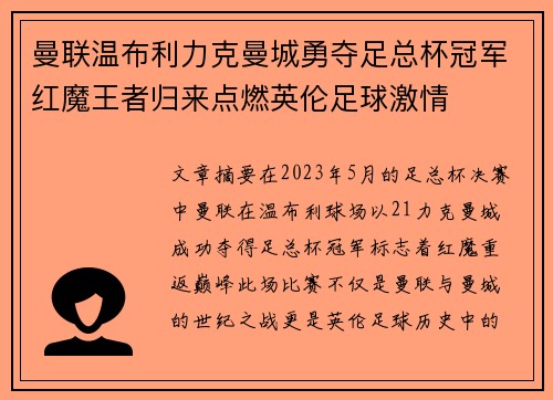 曼联温布利力克曼城勇夺足总杯冠军红魔王者归来点燃英伦足球激情