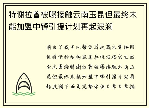 特谢拉曾被曝接触云南玉昆但最终未能加盟中锋引援计划再起波澜